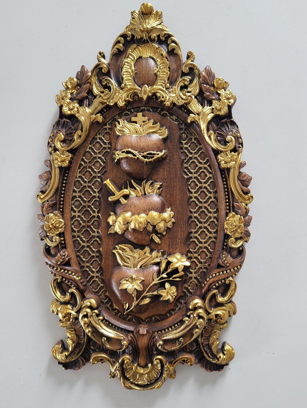 Ornate Three Hearts of the Holy Family Wood Carving